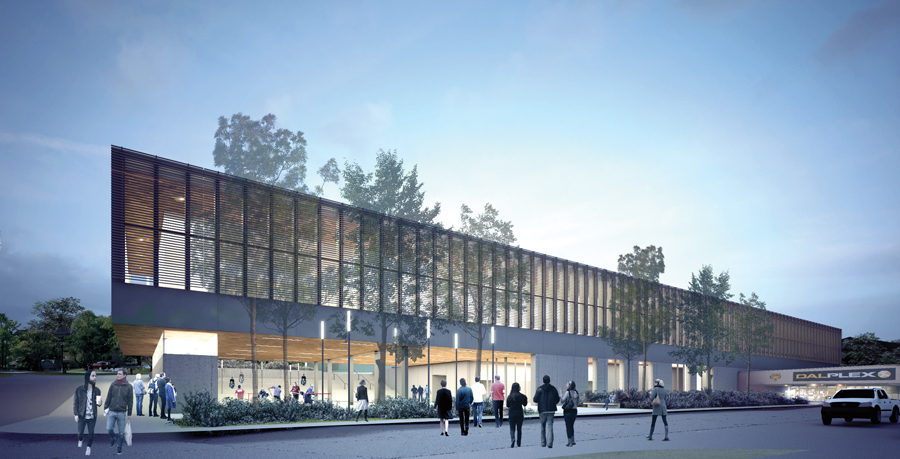 The strongly linear fitness centre connects to an existing fieldhouse.