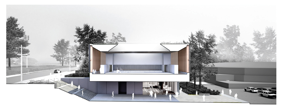 A generous entry plaza includes covered space for outdoor sports and gatherings, flanked by stair-like bleachers.