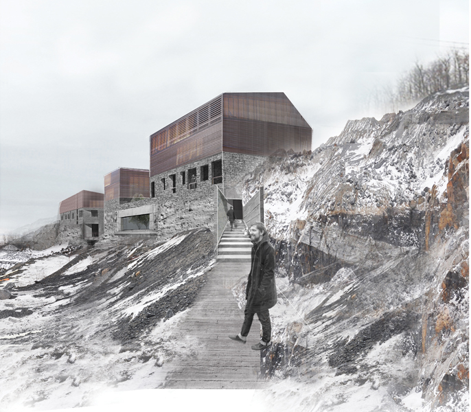 Composed of a string of buildings, a proposed rehabilitation and retreat centre slices through the harsh landscape of a decommissioned quarry site.