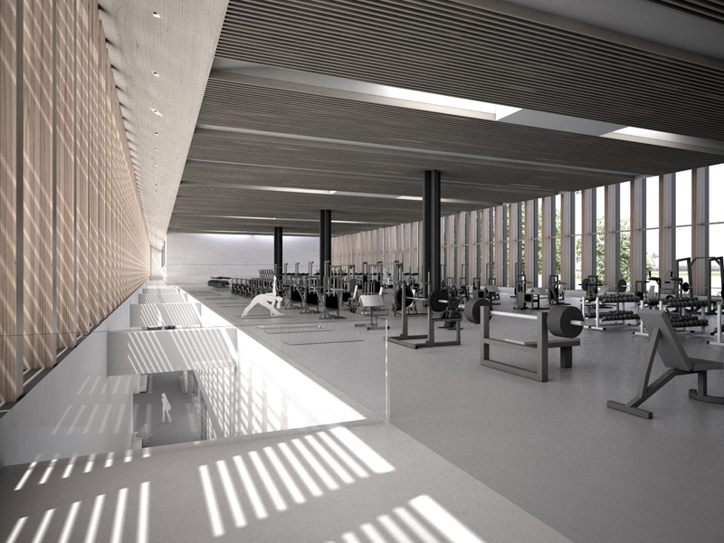 Slots in the floorplate channel light to circulation and activity areas on the first level.