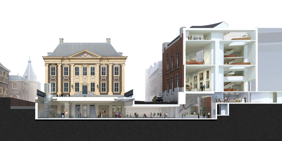 A section shows the connection between the existing museum and an addition occupying the building across the street.