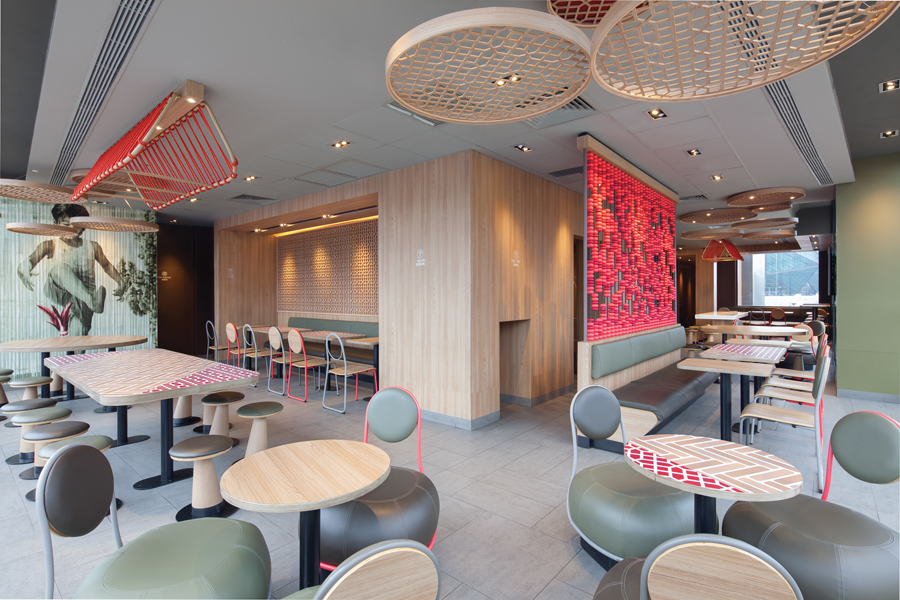 The McDonald’s flagship restaurant in Shenzhen incorporates local references such as graphics on bamboo screens, an oversized abacus serving as a room divider, and lights modelled after bamboo steaming baskets.