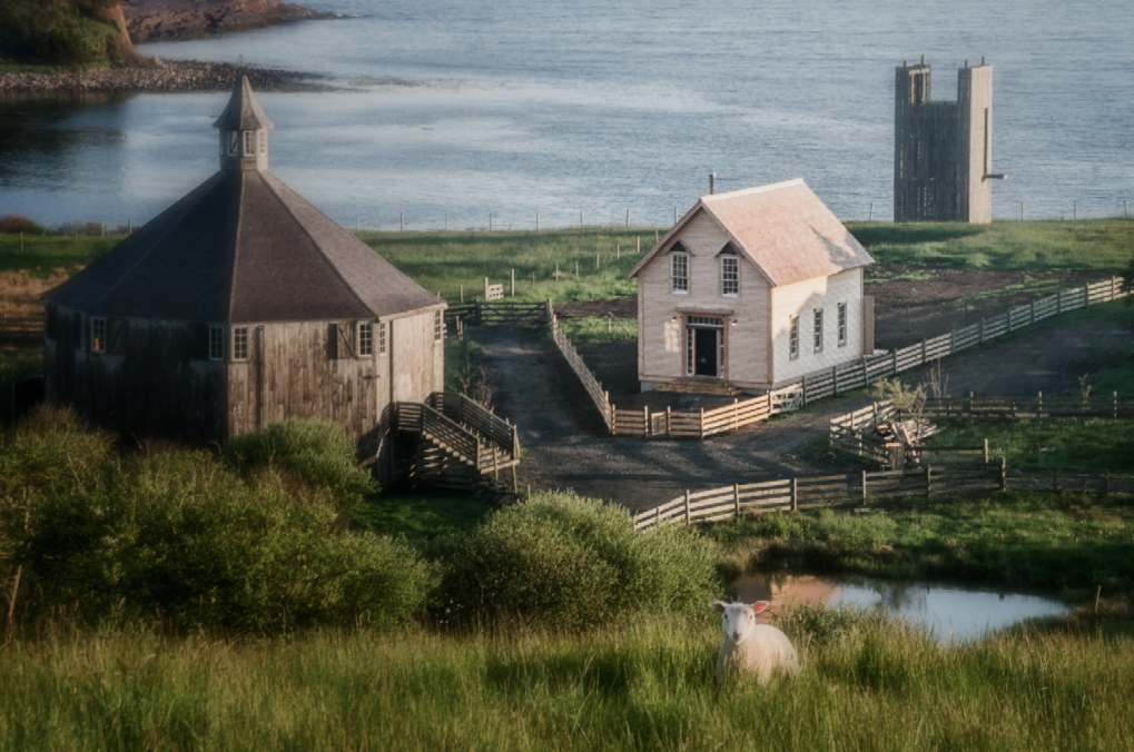 A view of Shobac, with Troop Barn, Schoolhouse and Ghost 6 Tower. Photo by William Green
