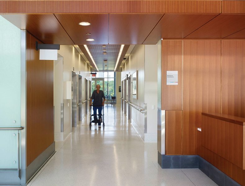 Hallways on patient floors end in views outdoors. Photo by Tom Arban