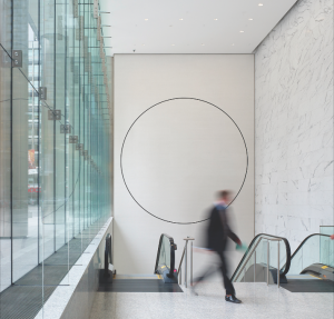 A two-part artwork by MIcah Lexier is integrated into the north and south lobbies of a downtown office building designed by KPMB Architects.